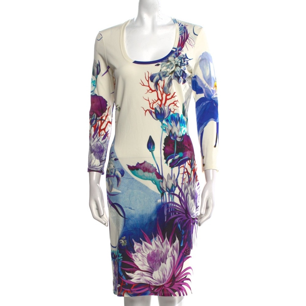Roberto Cavalli White and Blue Floral Long Sleeve Dress